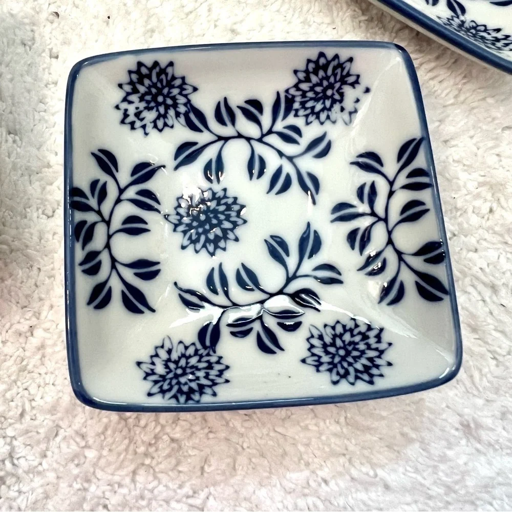 PIER 1 Hand Painted Porcelain Blue floral small square dish set of 5